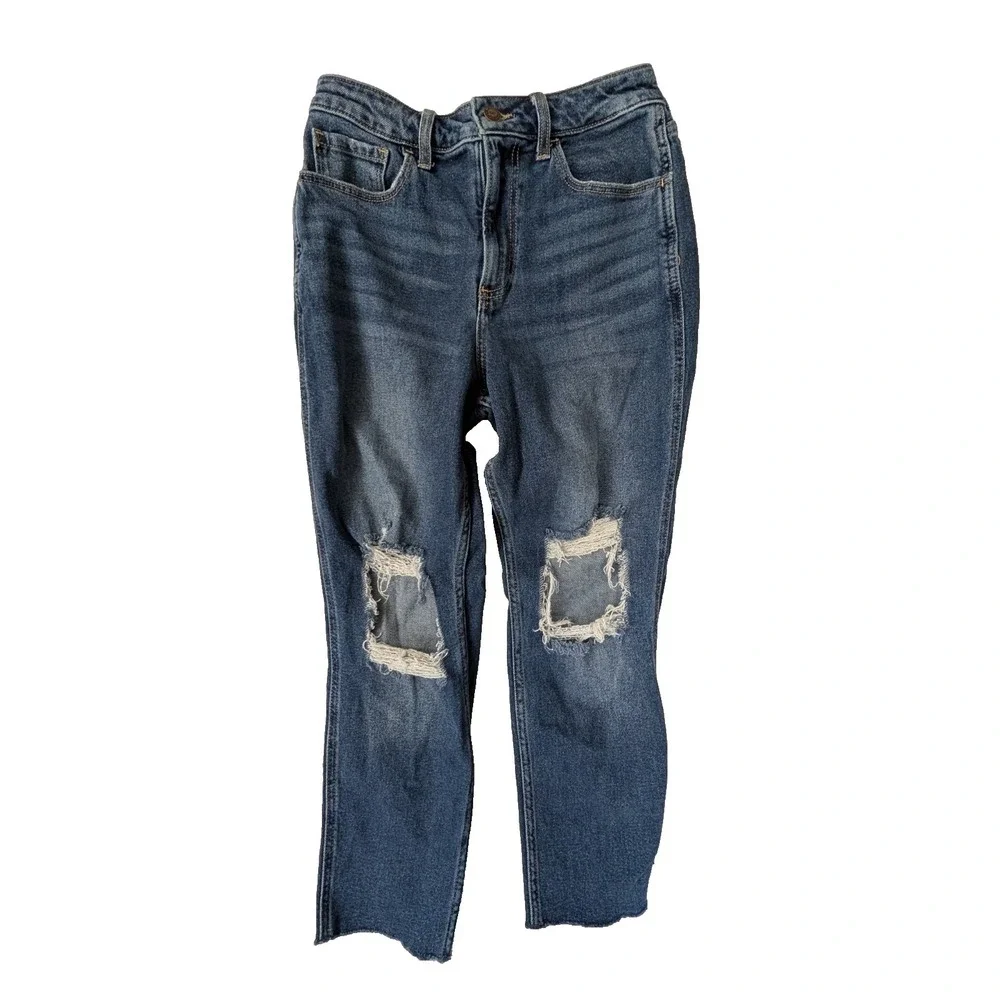 Hollister Curvy High Rise Mom Jeans Womens 5S 27x25 Blue Distressed Grunge Indie